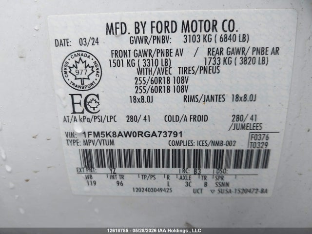 Продажа на аукционе авто 2024 Ford Explorer Police Interceptor, vin: 1FM5K8AW0RGA73791, номер лота: 12618785