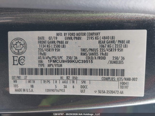 Продаж на аукціоні авто 2019 Ford Escape Sel, vin: 1FMCU9H99KUC39515, номер лоту: 12618787
