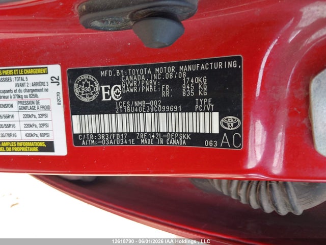 Aukcja sprzedaży 2009 Toyota Corolla S/le/xle, vin: 2T1BU40E39C099691, numer aukcji: 12618790