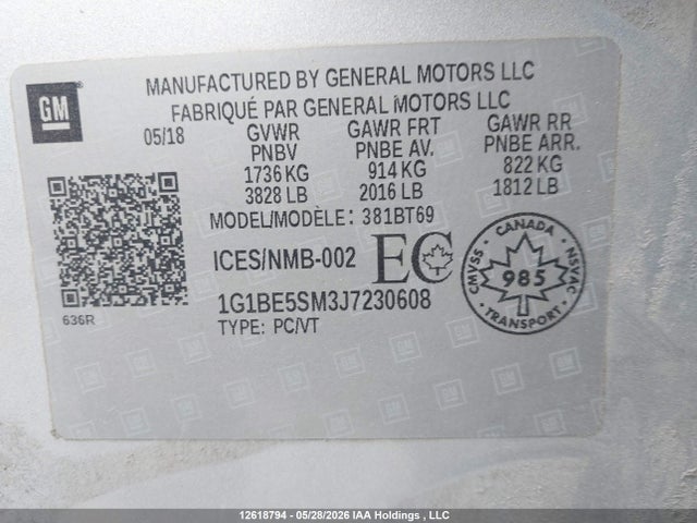 Aukcja sprzedaży 2018 Chevrolet Cruze Lt, vin: 1G1BE5SM3J7230608, numer aukcji: 12618794