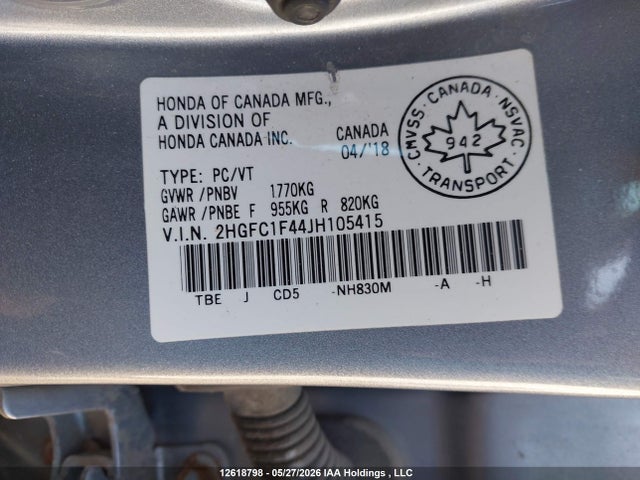 Aukcja sprzedaży 2018 Honda Civic Ex, vin: 2HGFC1F44JH105415, numer aukcji: 12618798