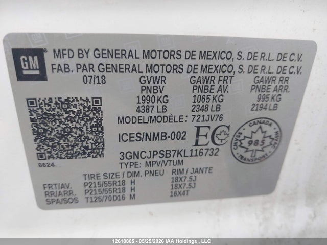 2019 Chevrolet Trax 1lt მანქანა იყიდება აუქციონზე, vin: 3GNCJPSB7KL116732, აუქციონის ნომერი: 12618805