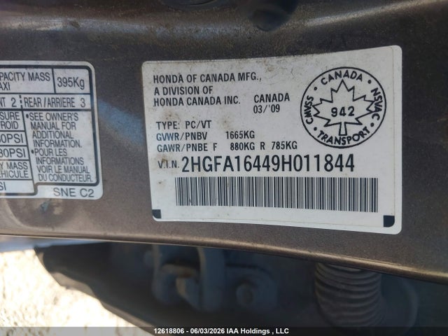 2009 Honda Civic Dx-g მანქანა იყიდება აუქციონზე, vin: 2HGFA16449H011844, აუქციონის ნომერი: 12618806