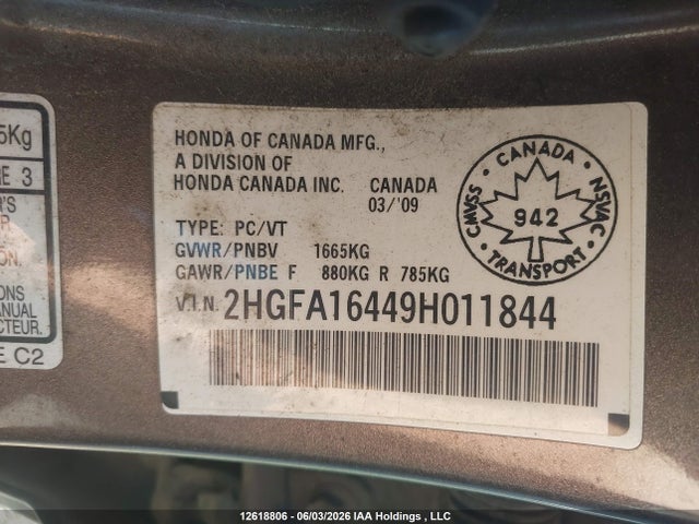 2009 Honda Civic Dx-g მანქანა იყიდება აუქციონზე, vin: 2HGFA16449H011844, აუქციონის ნომერი: 12618806