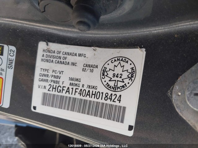 12618809 :رقم المزاد ، 2HGFA1F40AH018424 vin ، 2010 Honda Civic Dx-g مزاد بيع