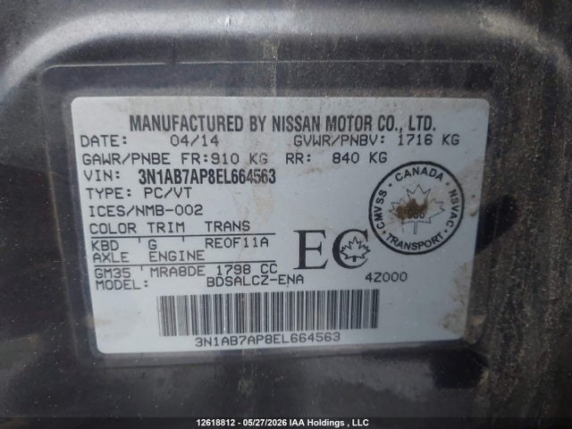 12618812 :رقم المزاد ، 3N1AB7AP8EL664563 vin ، 2014 Nissan Sentra 1.8 S/1.8 Sl/1.8 Sr/1.8 Sv مزاد بيع
