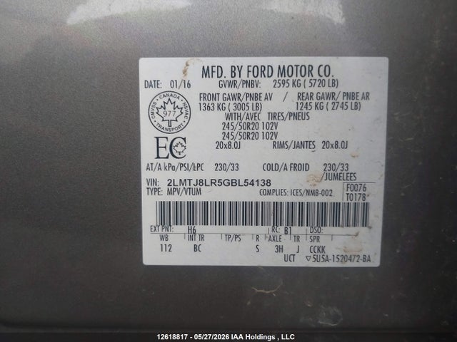 Aukcja sprzedaży 2016 Lincoln Mkx Reserve, vin: 2LMTJ8LR5GBL54138, numer aukcji: 12618817