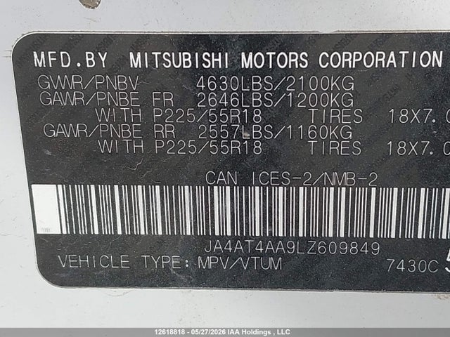 Продаж на аукціоні авто 2020 Mitsubishi Eclipse Cross Le/sp, vin: JA4AT4AA9LZ609849, номер лоту: 12618818
