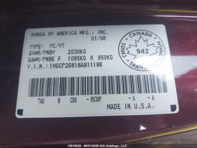 12618819 :رقم المزاد ، 1HGCP26818A811198 vin ، 2008 Honda Accord مزاد بيع