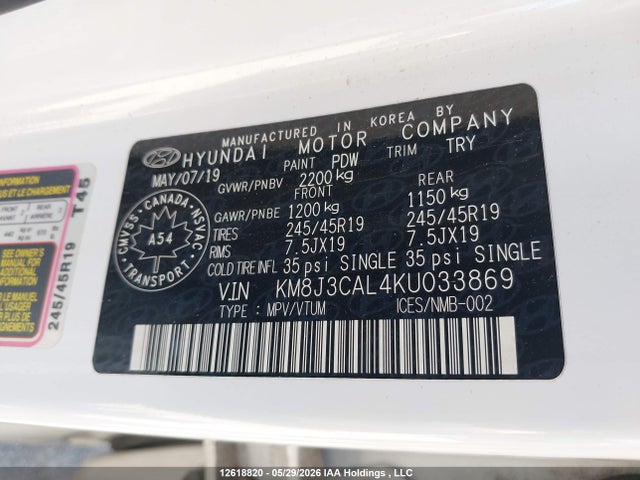 Aukcja sprzedaży 2019 Hyundai Tucson Limited/sel/sport/ultimate/value/night, vin: KM8J3CAL4KU033869, numer aukcji: 12618820