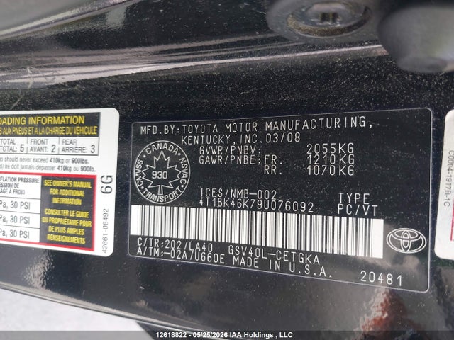 2009 Toyota Camry Xle V6 მანქანა იყიდება აუქციონზე, vin: 4T1BK46K79U076092, აუქციონის ნომერი: 12618822