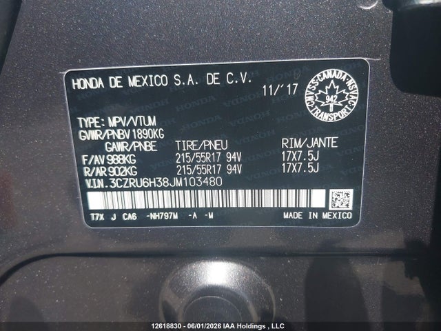 12618830 :رقم المزاد ، 3CZRU6H38JM103480 vin ، 2018 Honda Hr-v Lx مزاد بيع