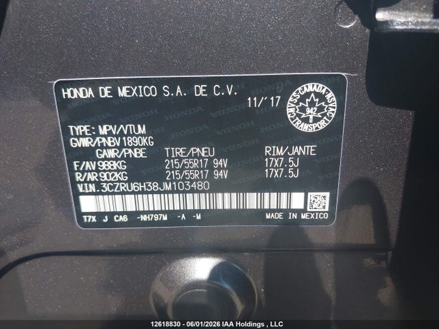12618830 :رقم المزاد ، 3CZRU6H38JM103480 vin ، 2018 Honda Hr-v Lx مزاد بيع