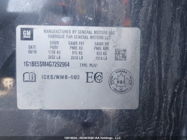 2016 Chevrolet Cruze Lt მანქანა იყიდება აუქციონზე, vin: 1G1BE5SM4G7292964, აუქციონის ნომერი: 12618834