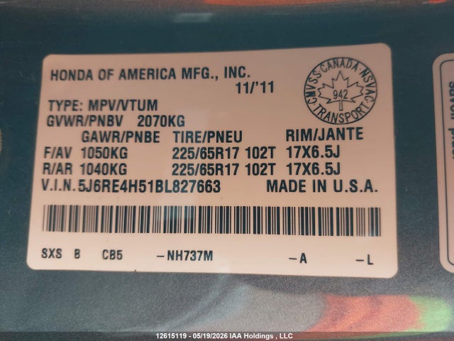 Продажа на аукционе авто 2011 Honda Cr-v Ex, vin: 5J6RE4H51BL827663, номер лота: 12615119