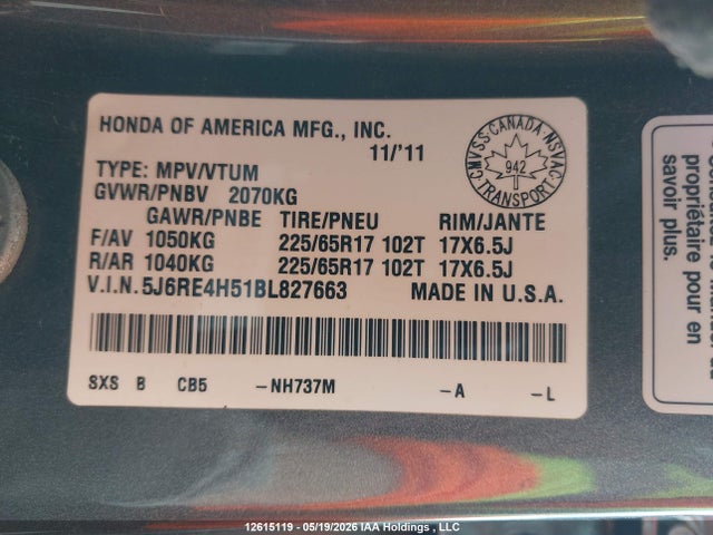 Продажа на аукционе авто 2011 Honda Cr-v Ex, vin: 5J6RE4H51BL827663, номер лота: 12615119