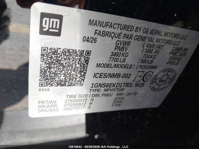 2026 Chevrolet Suburban K1500 Rst მანქანა იყიდება აუქციონზე, vin: 1GNS6EKD1TR323629, აუქციონის ნომერი: 12618842