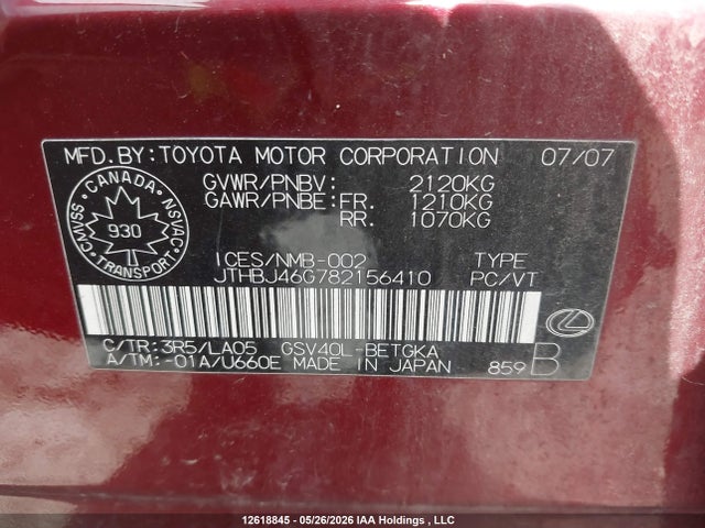 Aukcja sprzedaży 2008 Lexus Es 350 350, vin: JTHBJ46G782156410, numer aukcji: 12618845