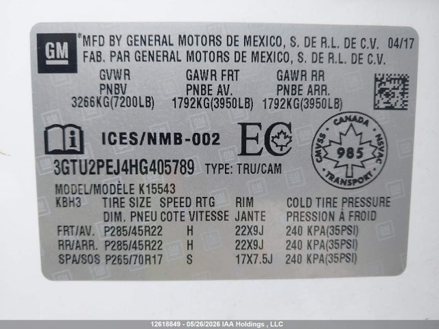 Aukcja sprzedaży 2017 Gmc Sierra K1500 Denali, vin: 3GTU2PEJ4HG405789, numer aukcji: 12618849
