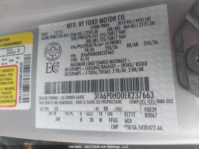 Продаж на аукціоні авто 2014 Ford Fusion Se, vin: 3FA6P0HD0ER237663, номер лоту: 12618853