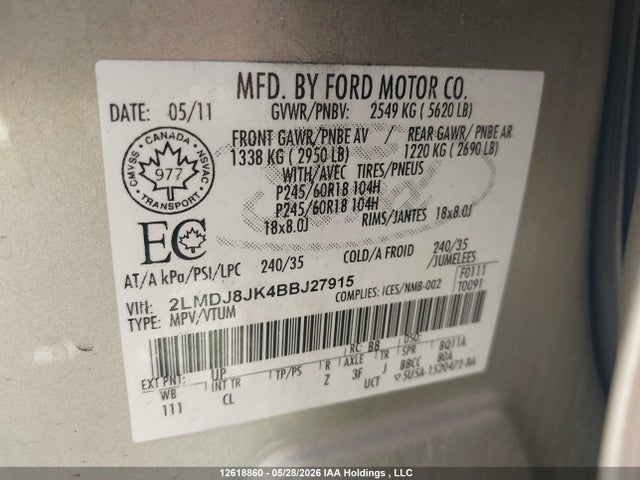 12618860 :رقم المزاد ، 2LMDJ8JK4BBJ27915 vin ، 2011 Lincoln Mkx مزاد بيع