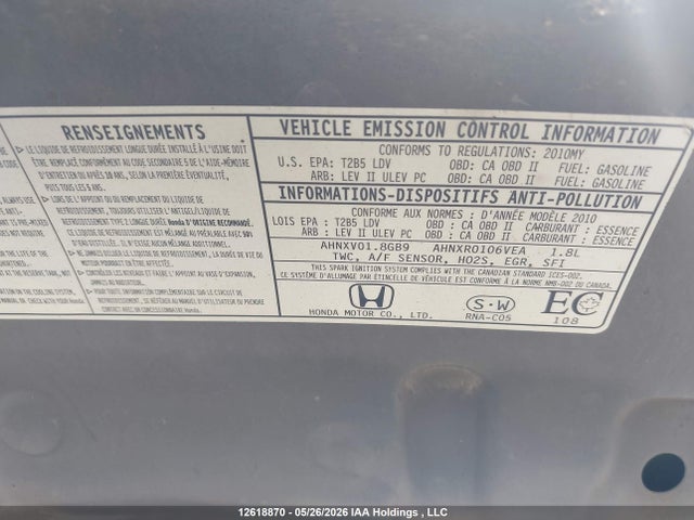 12618870 :رقم المزاد ، 2HGFA1F65AH035107 vin ، 2010 Honda Civic Lx-s مزاد بيع