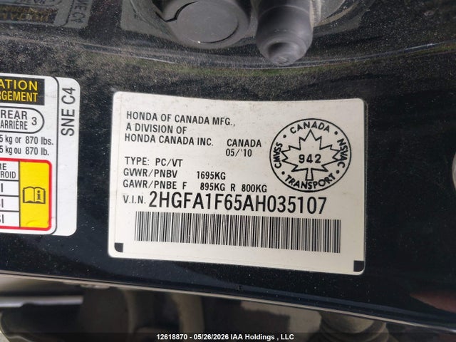 12618870 :رقم المزاد ، 2HGFA1F65AH035107 vin ، 2010 Honda Civic Lx-s مزاد بيع