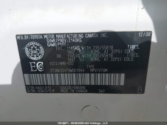 Aukcja sprzedaży 2009 Toyota Rav4 Sport, vin: 2T3BK32V79W001944, numer aukcji: 12618871
