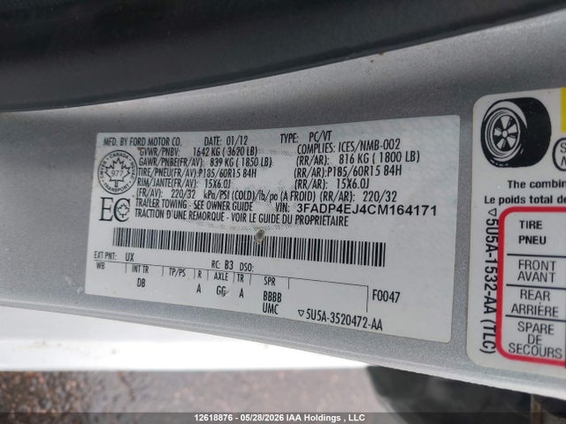 Продаж на аукціоні авто 2012 Ford Fiesta Se, vin: 3FADP4EJ4CM164171, номер лоту: 12618876