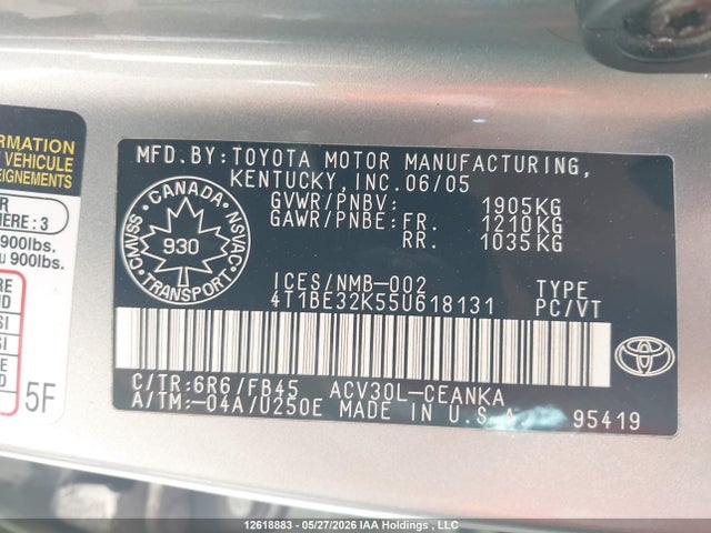 Продажа на аукционе авто 2005 Toyota Camry Le/se, vin: 4T1BE32K55U618131, номер лота: 12618883