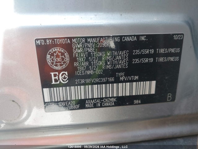 12618895 :رقم المزاد ، 2T3R1RFV2RC397166 vin ، 2024 Toyota Rav4 Xle مزاد بيع