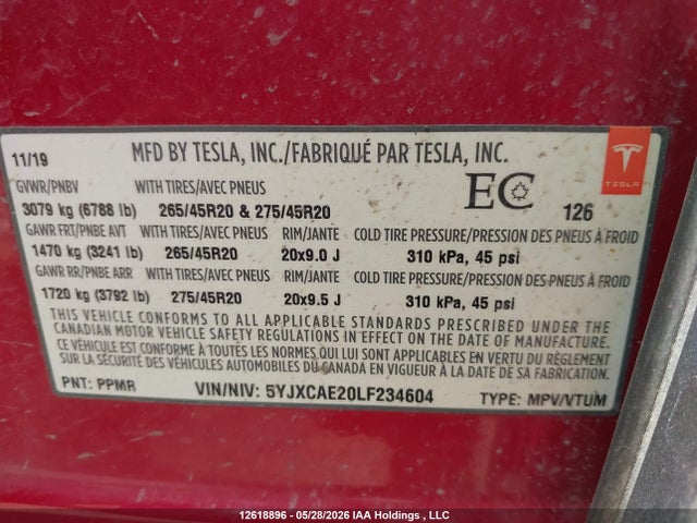 12618896 :رقم المزاد ، 5YJXCAE20LF234604 vin ، 2020 Tesla Model X مزاد بيع