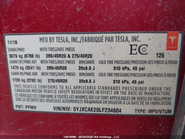 12618896 :رقم المزاد ، 5YJXCAE20LF234604 vin ، 2020 Tesla Model X مزاد بيع