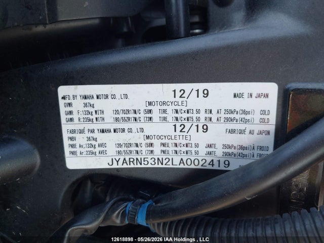 12618898 :رقم المزاد ، JYARN53N2LA002419 vin ، 2020 Yamaha Mt09 مزاد بيع