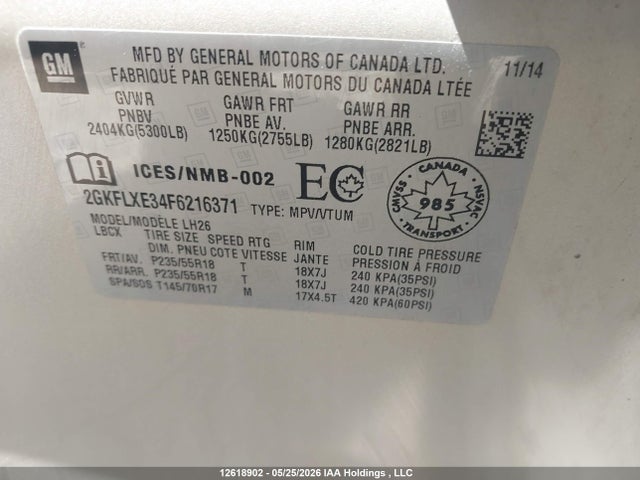Aukcja sprzedaży 2015 Gmc Terrain Slt-1, vin: 2GKFLXE34F6216371, numer aukcji: 12618902