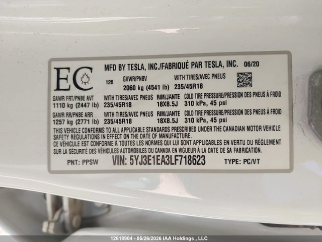 2020 Tesla Model 3 მანქანა იყიდება აუქციონზე, vin: 5YJ3E1EA3LF718623, აუქციონის ნომერი: 12618904