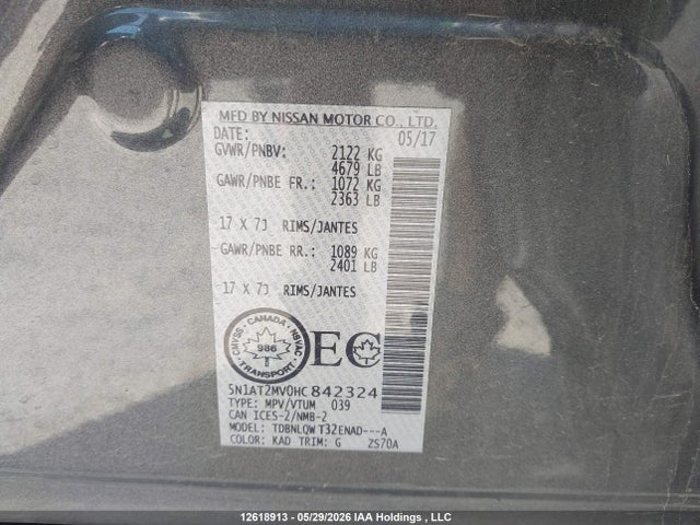 5N1AT2MV0HC842324 Nissan Rogue S/sl Platinum/sv