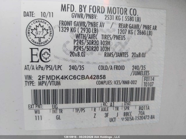 Продаж на аукціоні авто 2012 Ford Edge Limited, vin: 2FMDK4KC6CBA42858, номер лоту: 12618916