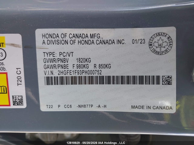 2HGFE1F93PH000752 Honda Civic Touring