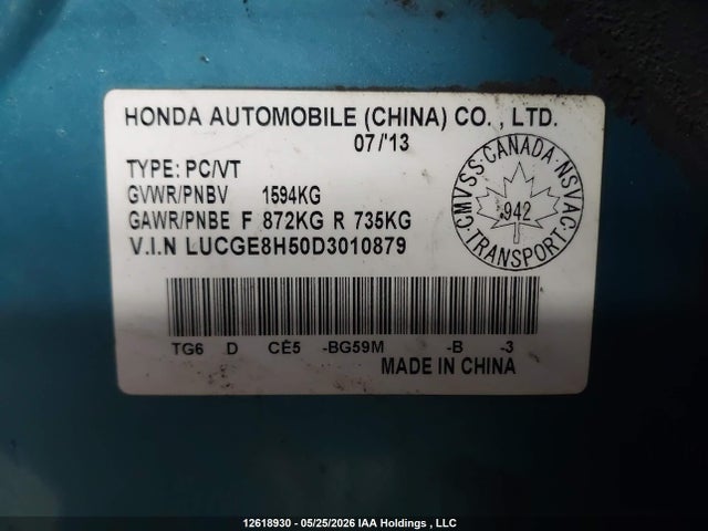 2013 Honda Fit Lx მანქანა იყიდება აუქციონზე, vin: LUCGE8H50D3010879, აუქციონის ნომერი: 12618930