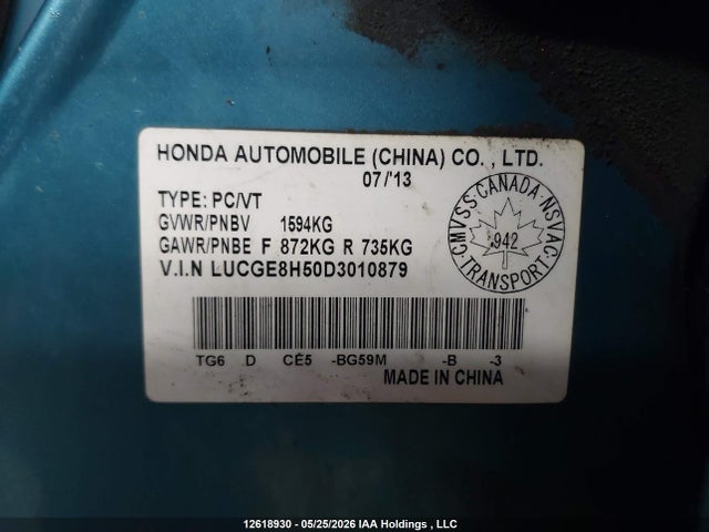 2013 Honda Fit Lx მანქანა იყიდება აუქციონზე, vin: LUCGE8H50D3010879, აუქციონის ნომერი: 12618930