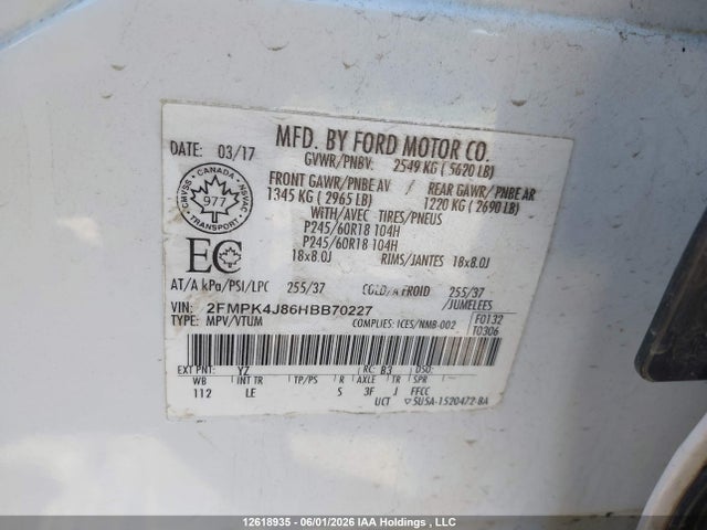 2FMPK4J86HBB70227 Ford EDGE SEL