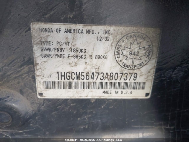 Продаж на аукціоні авто 2003 Honda Accord, vin: 1HGCM56473A807379, номер лоту: 12618941