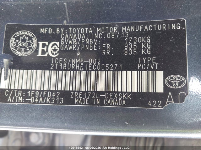 Aukcja sprzedaży 2014 Toyota Corolla L/le/le Pls/prm/s/s Pls, vin: 2T1BURHE1EC005271, numer aukcji: 12618942