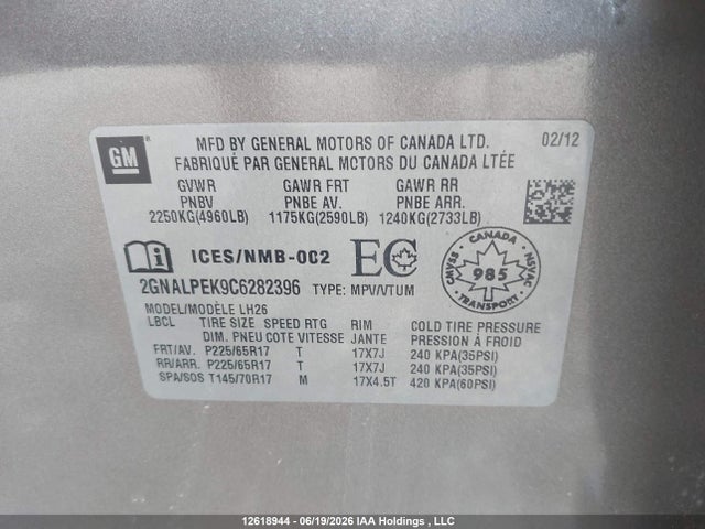 2012 Chevrolet Equinox მანქანა იყიდება აუქციონზე, vin: 2GNALPEK9C6282396, აუქციონის ნომერი: 12618944