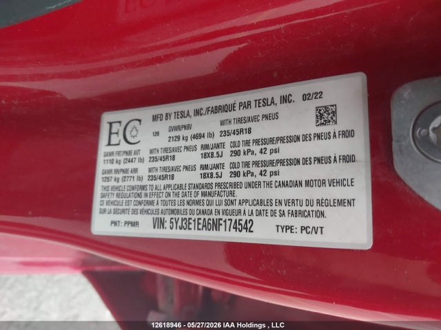 Продажа на аукционе авто 2022 Tesla Model 3 Rwd/standard Range, vin: 5YJ3E1EA6NF174542, номер лота: 12618946
