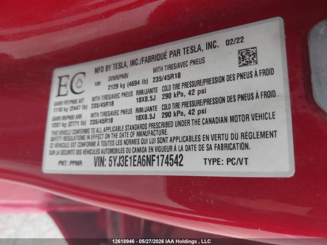 Продажа на аукционе авто 2022 Tesla Model 3 Rwd/standard Range, vin: 5YJ3E1EA6NF174542, номер лота: 12618946
