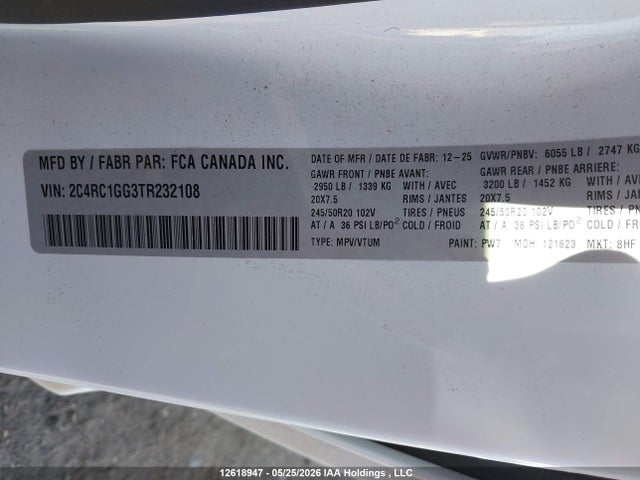 12618947 :رقم المزاد ، 2C4RC1GG3TR232108 vin ، 2026 Chrysler Pacifica Limited مزاد بيع