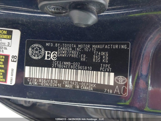12594313 :رقم المزاد ، 2T1BU4EE8DC965810 vin ، 2013 Toyota Corolla Ce مزاد بيع