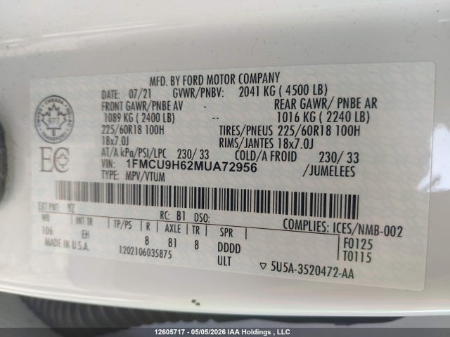 1FMCU9H62MUA72956 Ford ESCAPE SEL